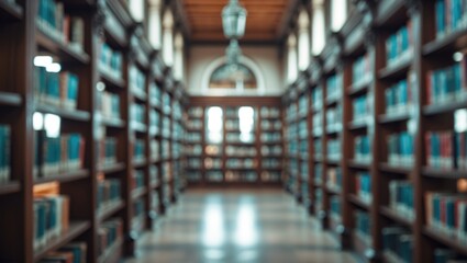 Blurred perspective of an elegant old library interior showcasing rows of shelves filled with books in a tranquil academic atmosphere.