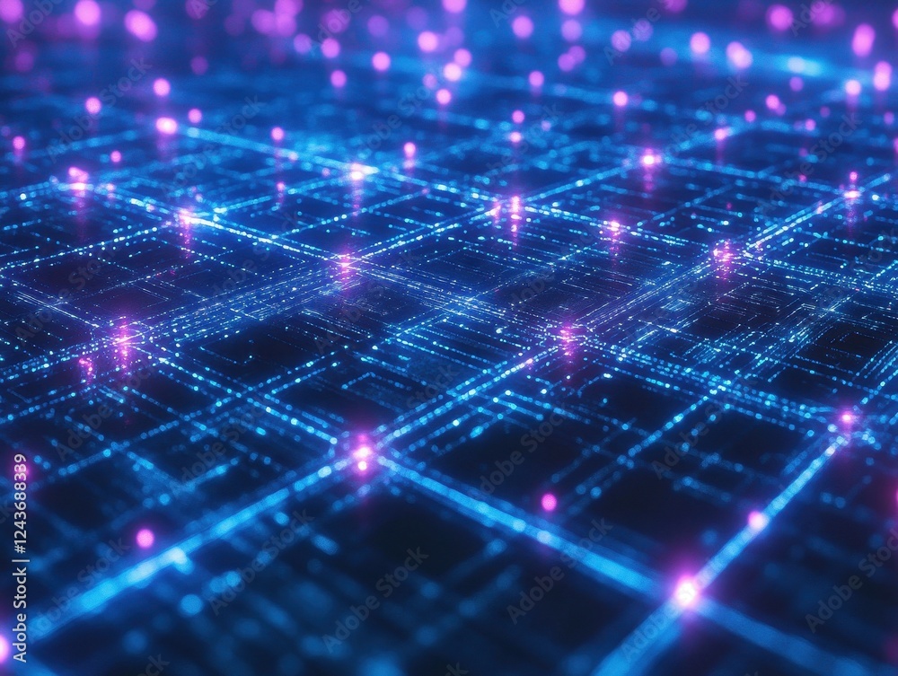 Poster abstract digital network grid with glowing blue and purple nodes