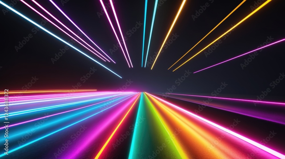 Poster vibrant neon light beams in a colorful gradient creating a dynamic abstract pattern against a dark b