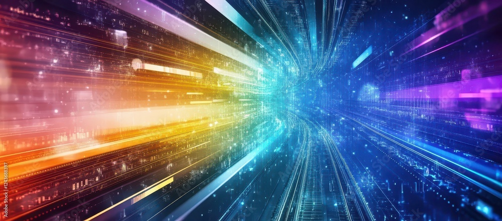 Poster Abstract Digital Tunnel with Vibrant Colorful Lights and Data Flow