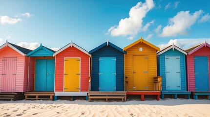 Vibrant beach huts in vivid colors lined on sandy shore under a bright blue sky, encapsulating the essence of summer vacation bliss.