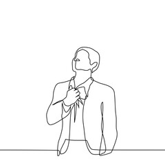 man in business suit standing loosens shirt collar - one line art vector