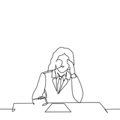 woman in business suit sitting at table in front of paper holding pen and supporting forehead with other hand - one line art vector