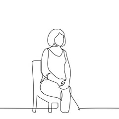 woman sitting on chair with legs crossed and hands clasped on knees - one line art vector. concept expectation