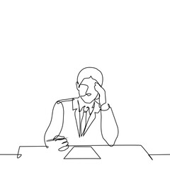 man in business suit sitting at table in front of paper holding pen and supporting forehead with other hand - one line art vector