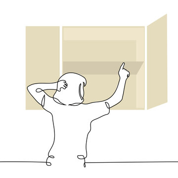 recommend clip art: woman reaching for empty shelf and scratching head - one line art vector. concept empty shelves, out of stock