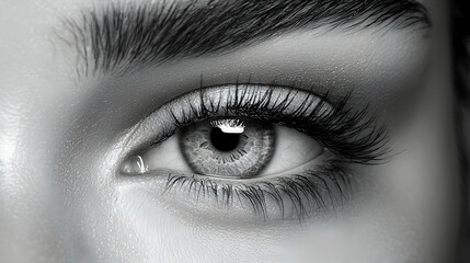 Close-up grayscale eye, lashes, beauty, makeup, skincare