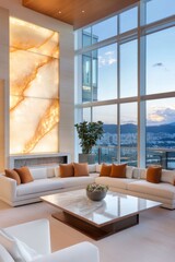 Contemporary living room, plush white boucle sofas, rich caramel accent pillows, floating marble coffee table, translucent onyx accent wall glowing