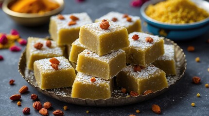 Besan Barfi Indian Sweet Made from Gram Flour and Condensed Milk Served on a Decorative Plate with Nuts and Powdered Sugar