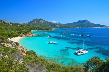Obraz premium Sardinia. Birds eye from above of yacht, boats, crystalline and turquoise water