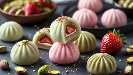 Fototapeta premium Artisanal mochi in pistachio and strawberry flavors showcasing modern culinary artistry with traditional techniques and luscious fillings.
