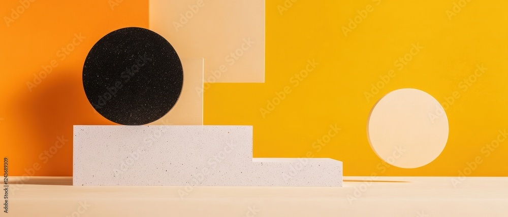 Poster Abstract Geometric Composition with Black Circle and Colorful Blocks
