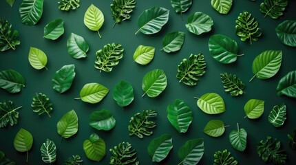 Tropical green leaf pattern on dark background showcasing diverse shapes and textures, perfect for nature-themed designs and backgrounds.