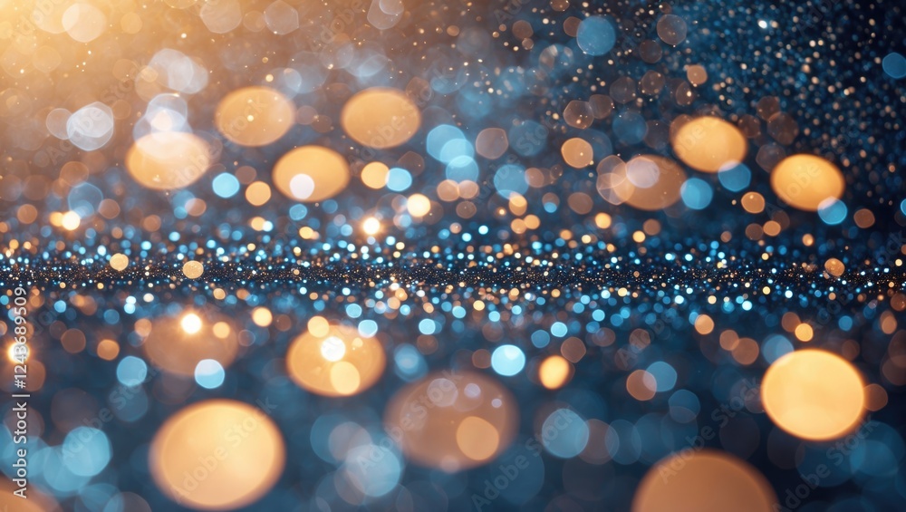 Poster abstract shimmering bokeh background with soft circles of light in blue and gold creating a serene a
