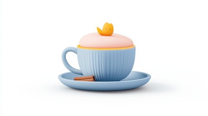 Cute Blue Cup with Lid and Duck Decoration on White Background