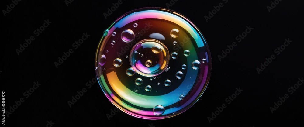 Poster rainbow colored soap bubble on a black background creating a vibrant and captivating visual effect w