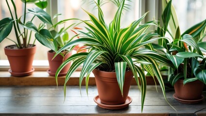 Vibrant spider plant Chlorophytum comosum in a terracotta pot on a wooden windowsill surrounded by lush greenery. Perfect for home decor.