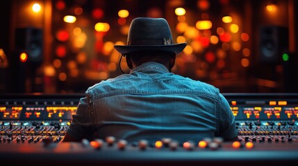 Obraz premium Music producer working at audio mixing console in recording studio