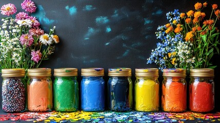 Fototapeta premium Colorful paint in jars with flowers surrounding
