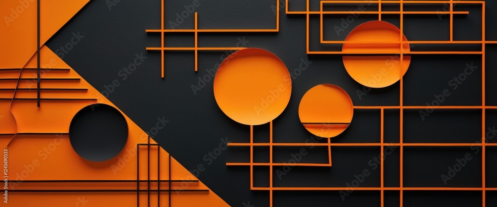 Poster abstract geometric background with black and orange shapes and lines creating a modern textured desi