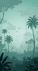 "Enchanted Rainforest: Tropical Canopy and Mysterious Mist in Dreamy Landscape"