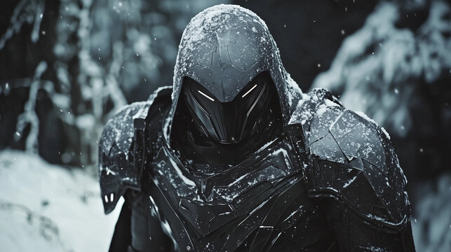 Futuristic armored warrior in snow-covered forest, dark metallic suit, glowing eyes, winter setting, sci-fi atmosphere