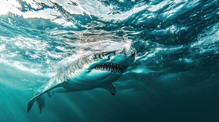 Fototapeta premium A close-up view of a shark swimming in clear ocean water, showcasing its powerful features.