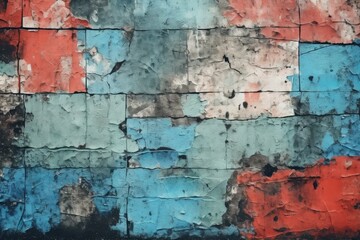 Obraz premium Close up of a grunge wall with peeling paint, revealing colorful layers beneath, creating an abstract textured background