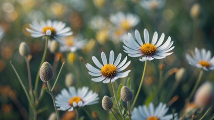 Fototapeta premium Closeup of delicate wildflowers in natural sunlight with vibrant colors and blurred background, showcasing nature's beauty and tranquility.