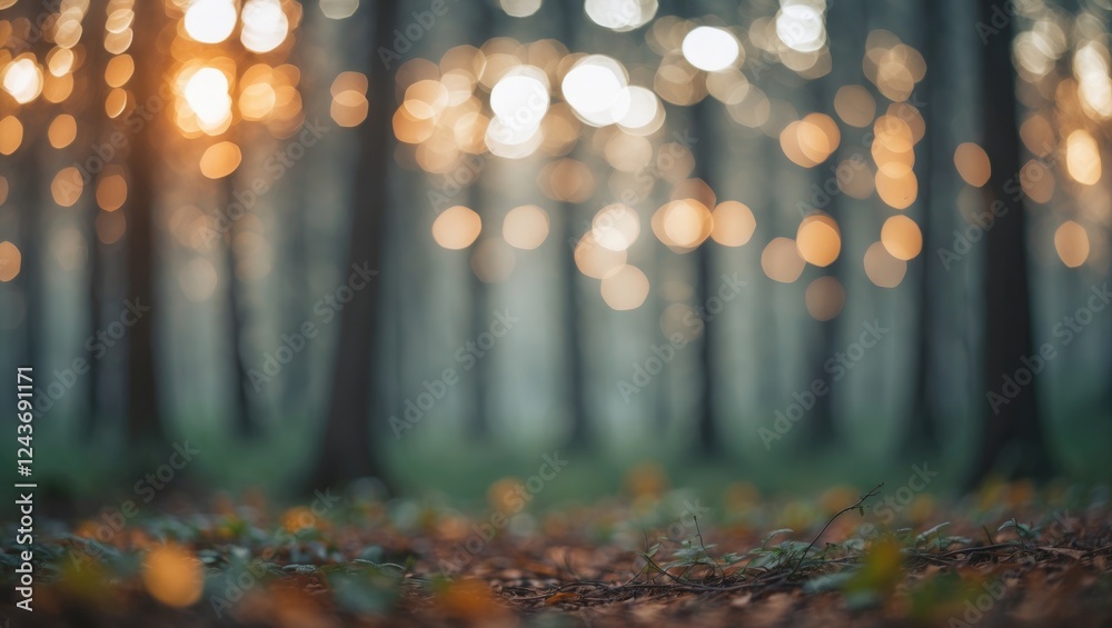 Poster soft bokeh forest background with warm golden light and abstract trees creating an atmospheric space