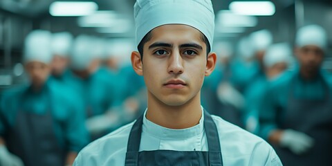 A focused young chef stands in a bustling kitchen, surrounded by fellow cooks, showcasing determination and culinary ambition.