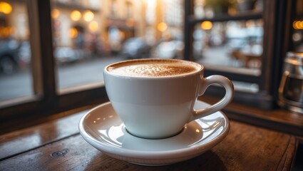 Fototapeta premium Cappuccino cup on a saucer with morning light flooding a cozy cafe window creating a warm atmosphere for relaxation and enjoyment.