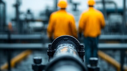 Workers in yellow jackets stand near industrial pipes in a misty environment, focusing on safety and operations in a manufacturing setting.