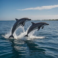 Fototapeta premium A group of playful dolphins leaping out of the water in synchronized motion.