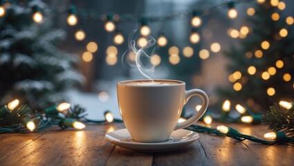 Cozy cup of coffee with steam on wooden table illuminated by festive Christmas lights in a soft winter evening atmosphere