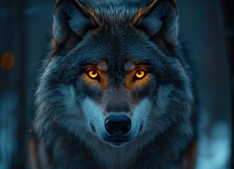 Fototapeta premium Intense Golden Eyed Wolf Portrait in Dramatic Lighting with Copy Space
