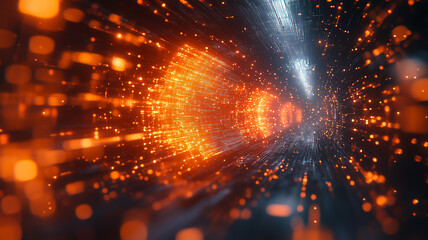 vibrant abstract representation of light trails and particles, creating sense of motion and energy digital space. warm orange tones contrast with cool background, evoking excitement and dynamism