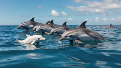 Naklejka premium Bottlenose dolphins swimming together with a baby dolphin in the foreground showcasing marine life and family bonds in the ocean.
