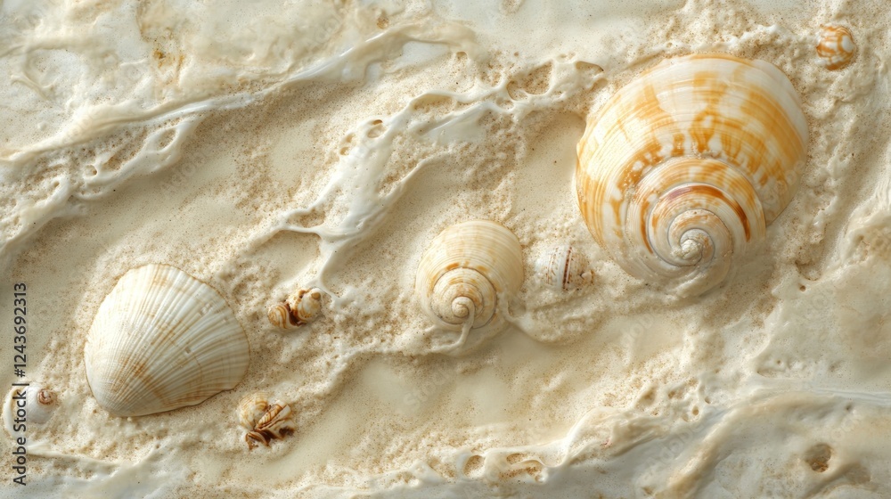Poster A close-up view of various seashells on a sandy surface.