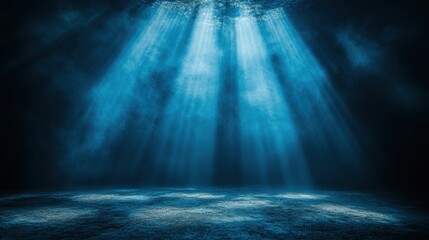 empty illuminated blue dramatic white rays of light pierce through dark background