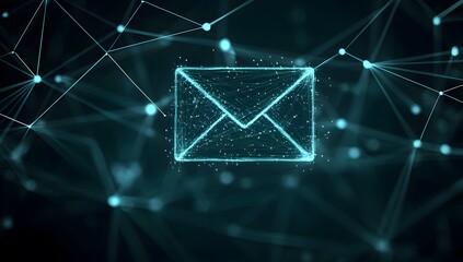 Digital email network with glowing envelope icons connected by lines, communication and technology