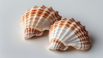 Fototapeta premium Adhesion of Two Colorful Seashells on a White Background Capturing Natural Patterns and Texture