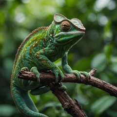 A lone chameleon sitting on a branch, its bright green skin standing out.