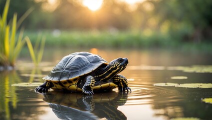 Fototapeta premium Turtle basking in morning sunlight by the pond surrounded by lush greenery and calm water reflections. Peaceful nature scene.
