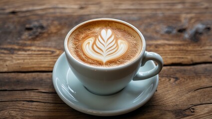 Obraz premium Creamy latte art in an elegant white cup resting on a rustic wooden table showcasing the beauty of artisan coffee craftsmanship
