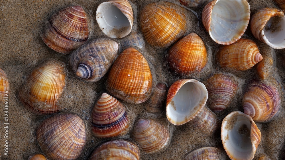 Poster a close-up view of various seashells scattered on sandy beach.