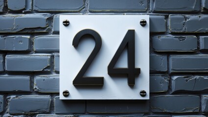 Modern house number plaque displaying twenty-four on a textured grey brick wall for residential identification and design purposes