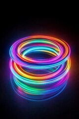 Vibrant neon rings glow brightly, illuminating the space and creating a stunning 3D effect on a reflective surface, blending various colors and enhancing the environments overall atmosphere