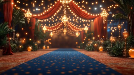 Nighttime grand entrance, illuminated red velvet curtains, blue carpet,  tropical foliage, celebration background
