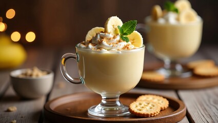 A delicate glass of banana pudding with vanilla wafers, fresh bananas, and fluffy whipped topping, set against a rustic, warmly lit background.